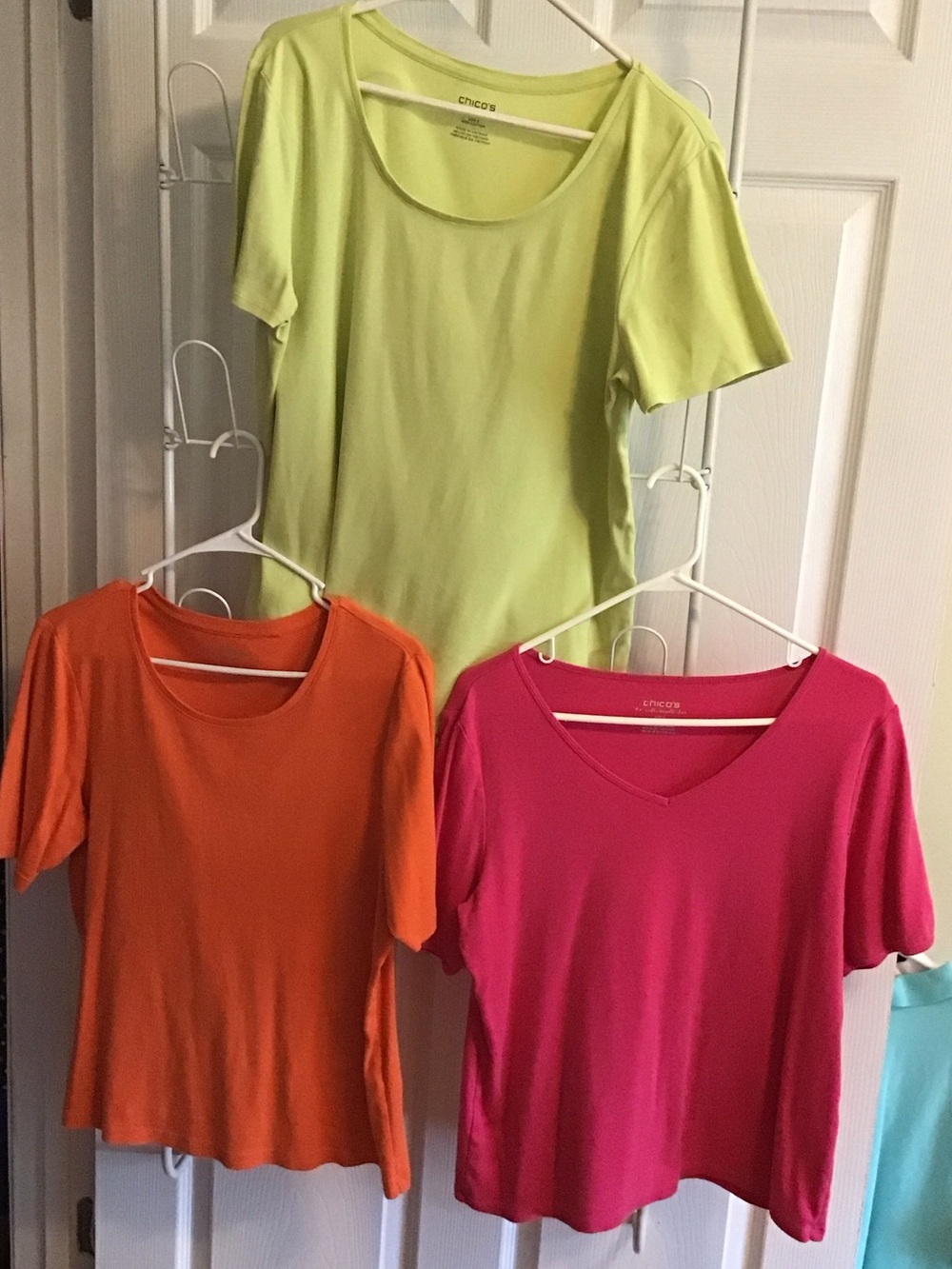 Chico's Short Sleeve Scoop & V-Neck Tee Trio - Lime, Orange, Hot Pink